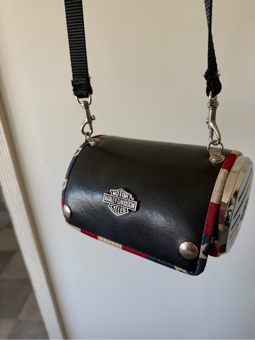 Harley-Davidson Black Crossbody Barrel Bag with Red, White, Blue Trim
